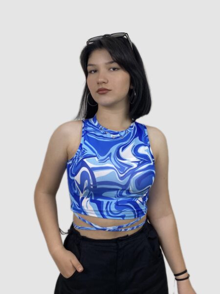 Bel Dolamalı Saks Mavisi Crop Bluz